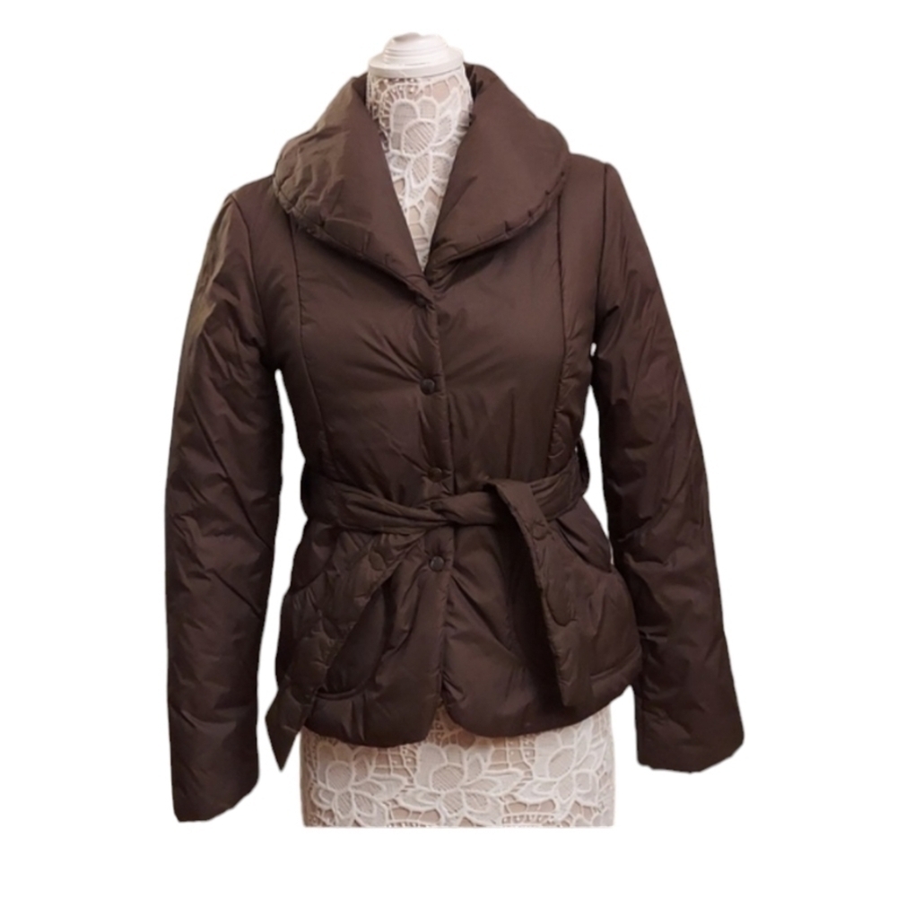 GUESS JEANS Brown Collar Front Snap Nylon Quilted Jacket with Waist Sash M